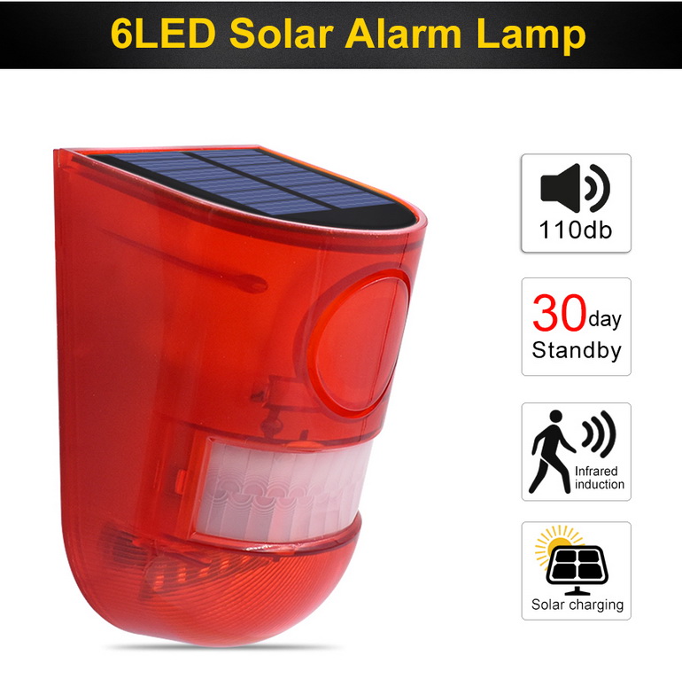 Solar Alarm Lamp 110db Warning Sound 6led Red Lights IP65 Motion Sensor Wall Lights