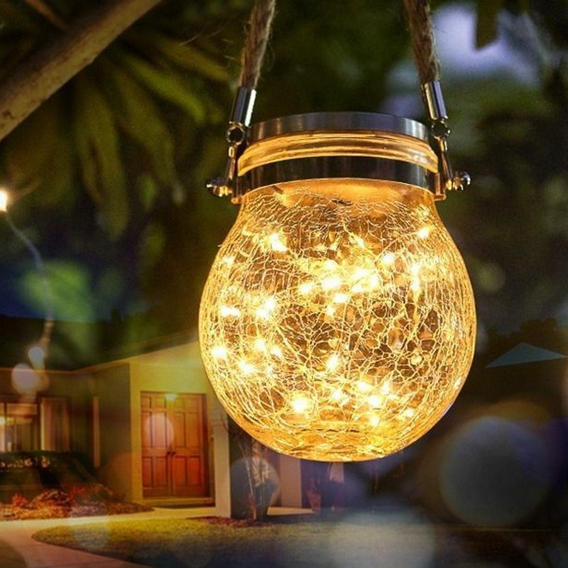 20 Warm Led Copper String Crack Glass Ball Rope Hanging Solar Lights