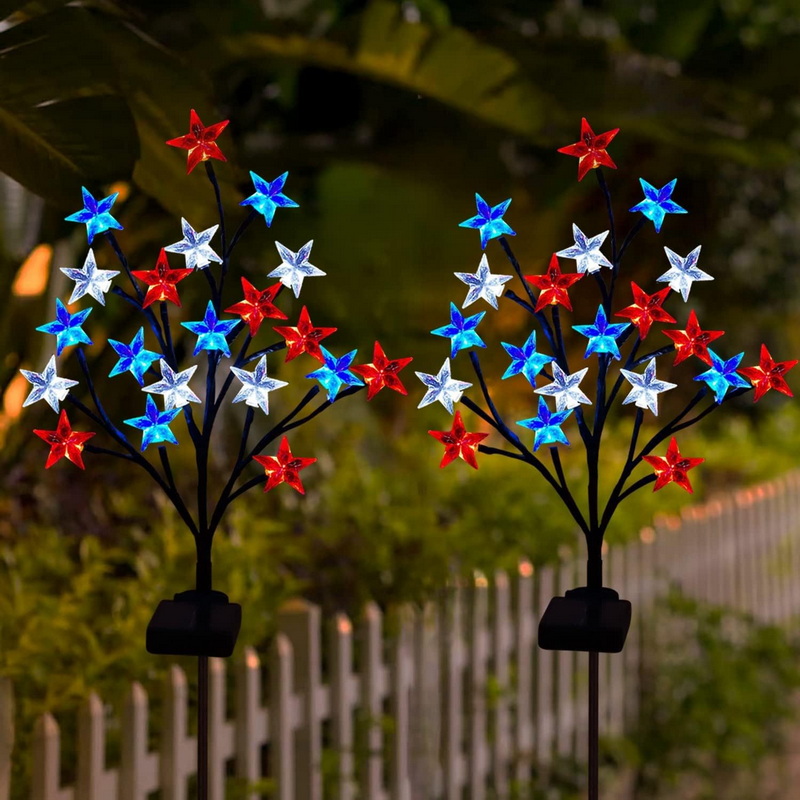 Solar Powered Tree Branch Ground Mounted Red Blue White Five Pointed Star Decorative Lights