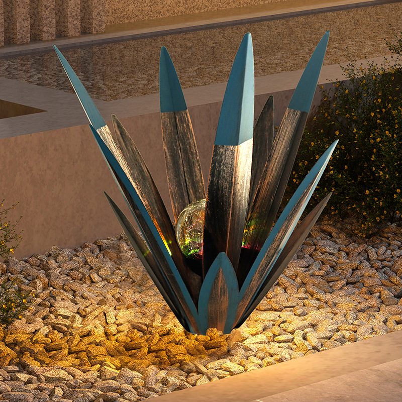 2pcs Metal Agave Plant Sculpture Home Decor Hand Painted Figurines Yard Decorations