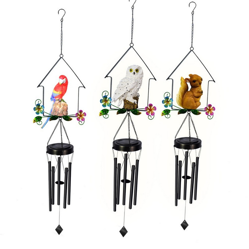 Wrought Iron Resin Outdoor Decorative Hanging Parrot Animal Night Light Solar Owl Lamp