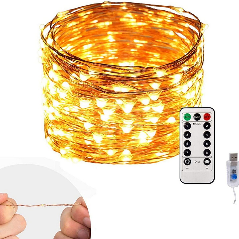 10M 100 LED Outdoor Christmas String Lights 8 Modes USB Copper Wire Lamp Remote Control