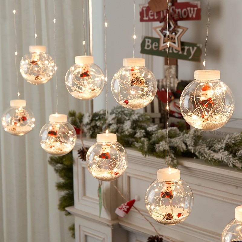 Santa Claus Snowman Window Curtain with Christmas Wishing Ball Lights