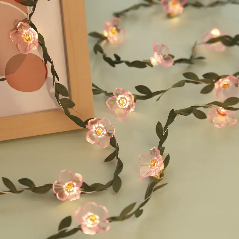  Flowers with Led Lights Garland String Lights with Plastic Pink Flowers Green Leaf Cherry Blossom V