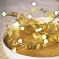 Golden Green Color Silk Cloth Leaves String Lights Ball Small Steady on Flashing Indoor Led Bedroom 