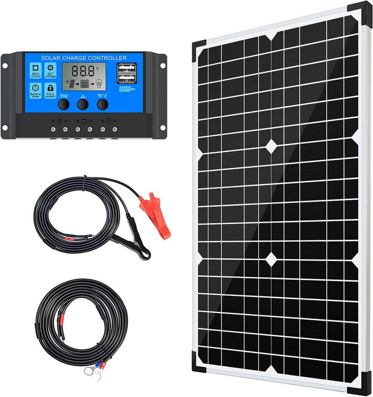 10A Solar Charge Controller & Extension Cable with Battery Clips O-Ring Terminal 30w Solar Panel Kit